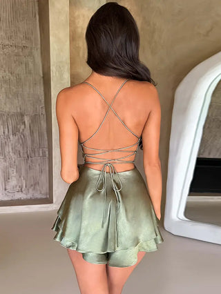 AMARA SATIN LACE UP MINI DRESS - SAGE