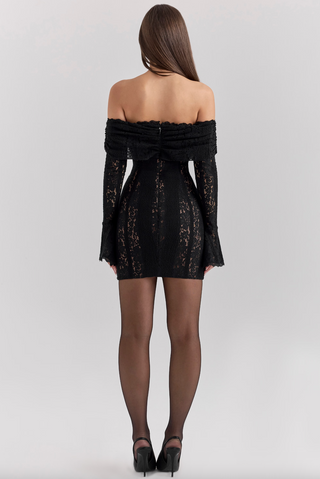 OLA LACE OFF SHOULDER MINI DRESS - BLACK