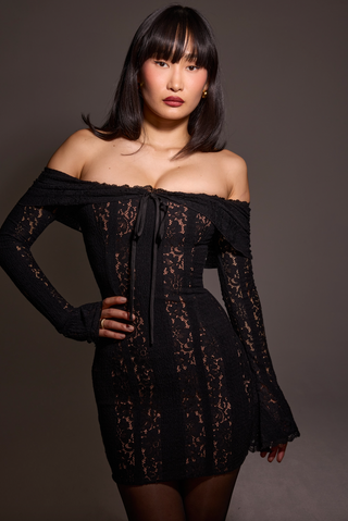 OLA LACE OFF SHOULDER MINI DRESS - BLACK