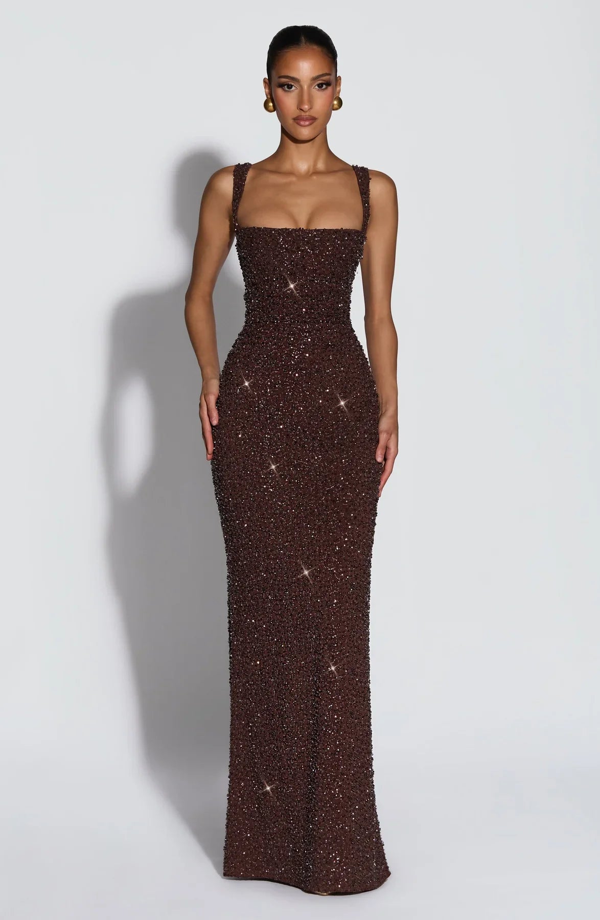 CALANTHE MAXI DRESS - PLUM BROWN SPARKLE