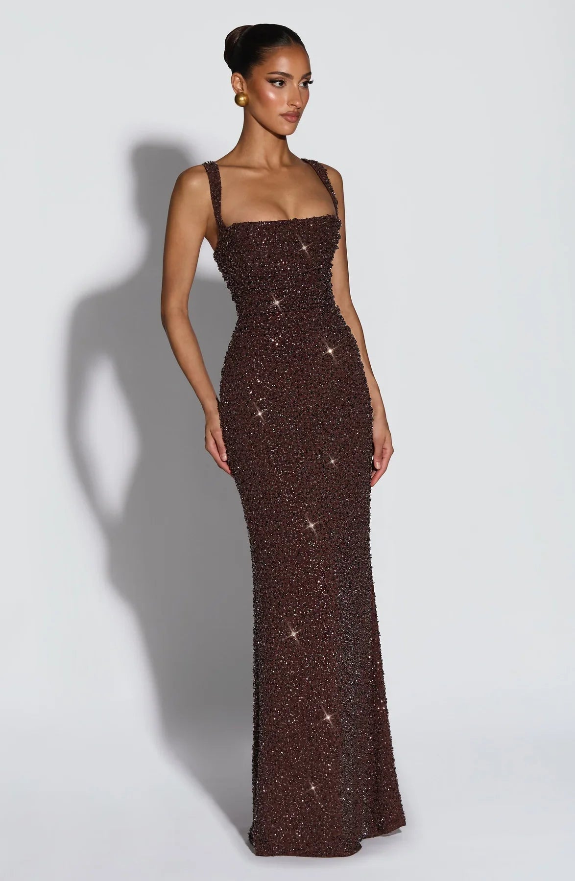 CALANTHE MAXI DRESS - PLUM BROWN SPARKLE