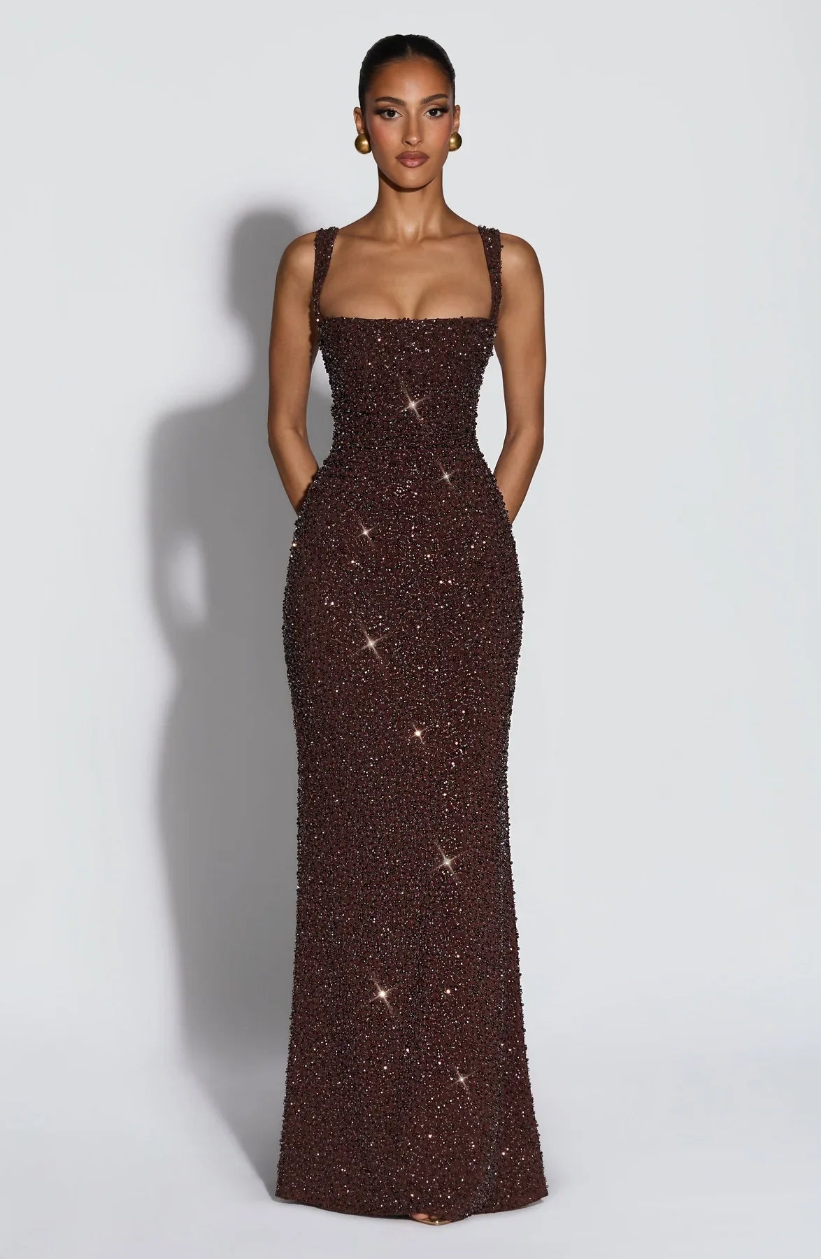 CALANTHE MAXI DRESS - PLUM BROWN SPARKLE